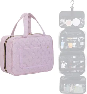 Toiletry Bag Hanging Travel Makeup Organizer for Women and Men with Hooks Water-resistant Multi Compartment Transparent Cosmetics Storage Box for Makeup Accessories, Toiletries Pink