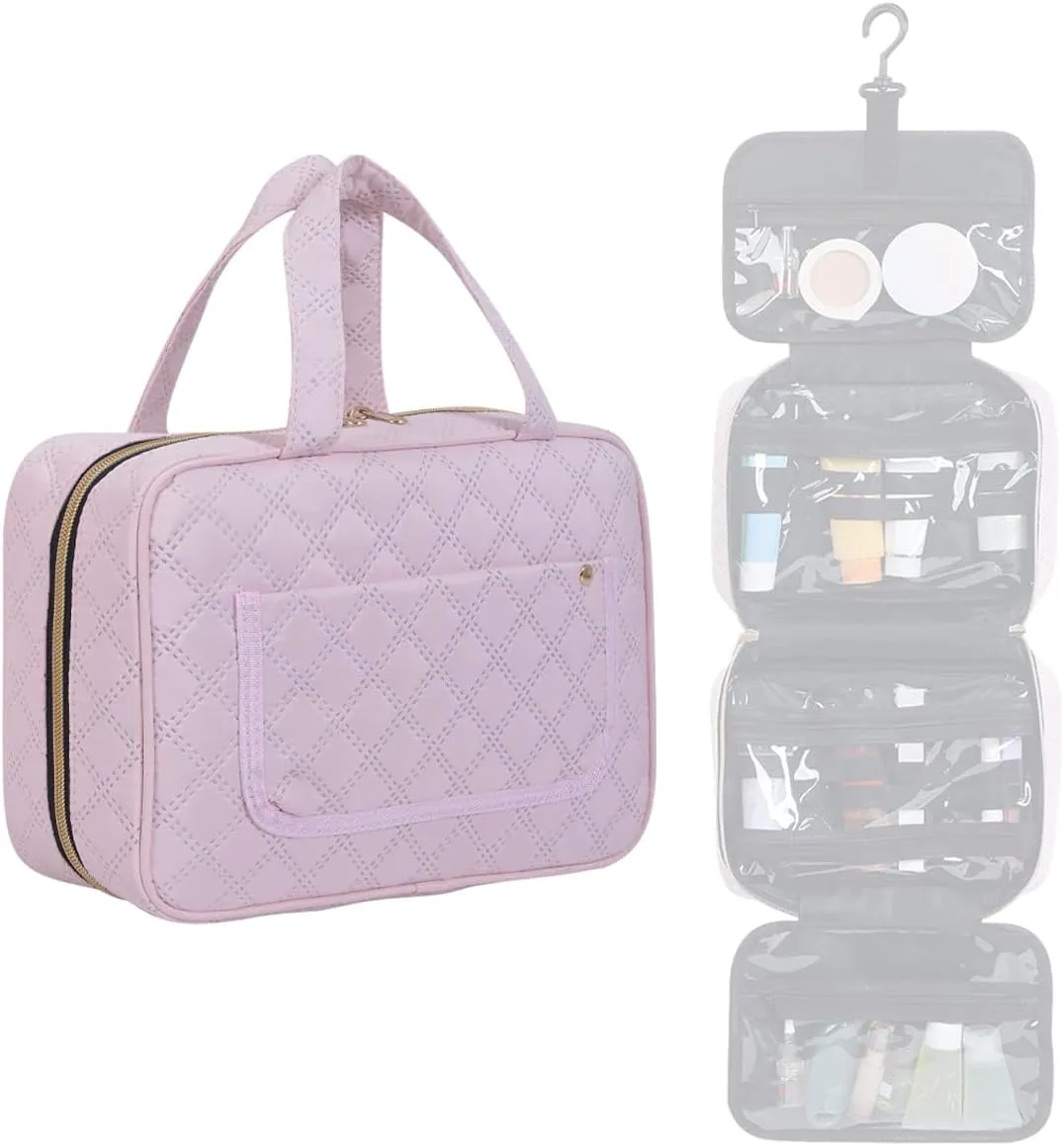 Toiletry Bag Hanging Travel Makeup Organizer for Women and Men with Hooks Water-resistant Multi Compartment Transparent Cosmetics Storage Box for Makeup Accessories, Toiletries Pink