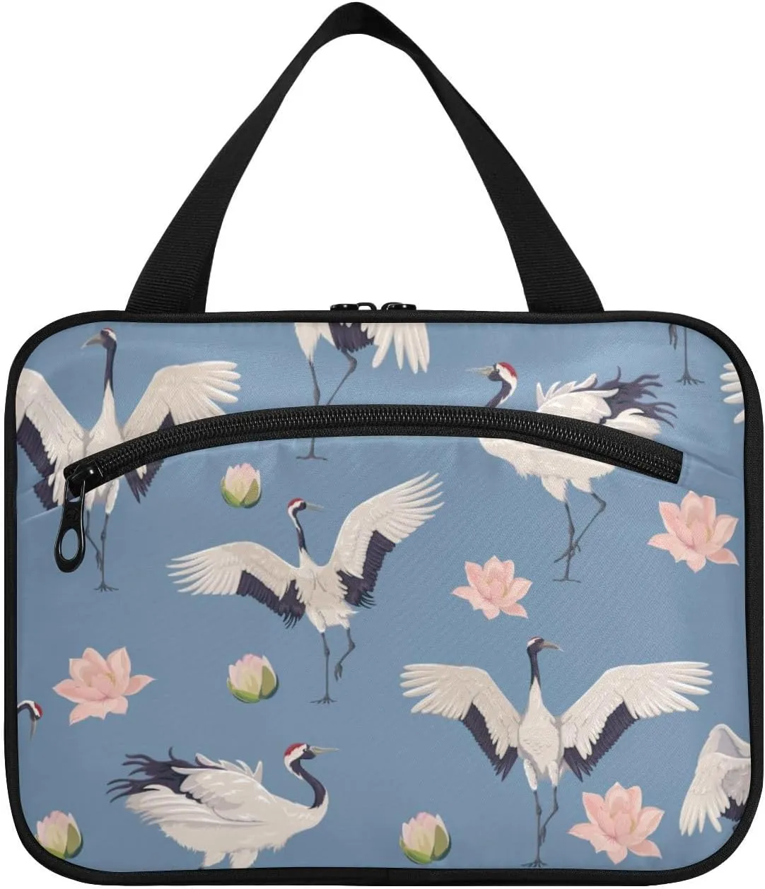 Toiletry Bag Travel Bag with Hanging Hook-Crane and Lotus Flower，Water-resistant Makeup Cosmetic Bag for gym outdoor activities ，L