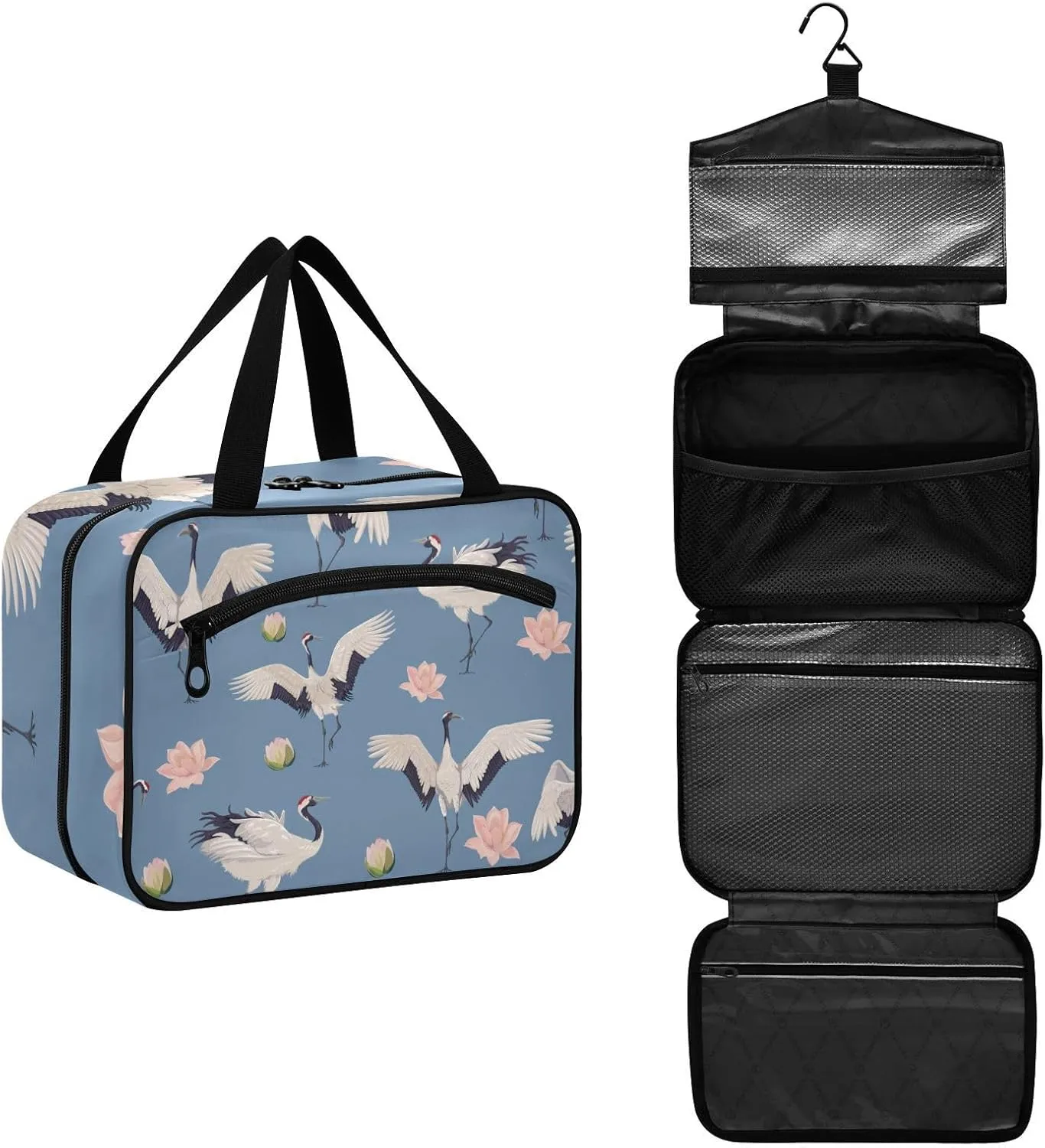 Toiletry Bag Travel Bag with Hanging Hook-Crane and Lotus Flower，Water-resistant Makeup Cosmetic Bag for gym outdoor activities ，L