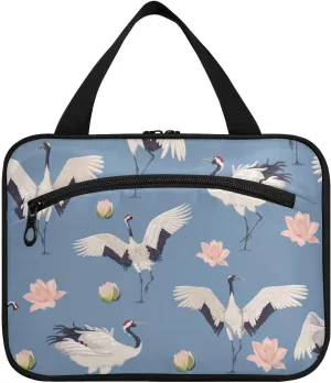 Toiletry Bag Travel Bag with Hanging Hook-Crane and Lotus Flower，Water-resistant Makeup Cosmetic Bag for gym outdoor activities ，L