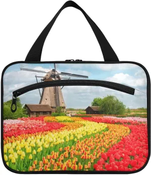 Toiletry Bag Travel Bag with Hanging Hook-Traditional Netherlands Holland Dutch Tulips，Water-resistant Makeup Cosmetic Bag for gym outdoor activities ，M