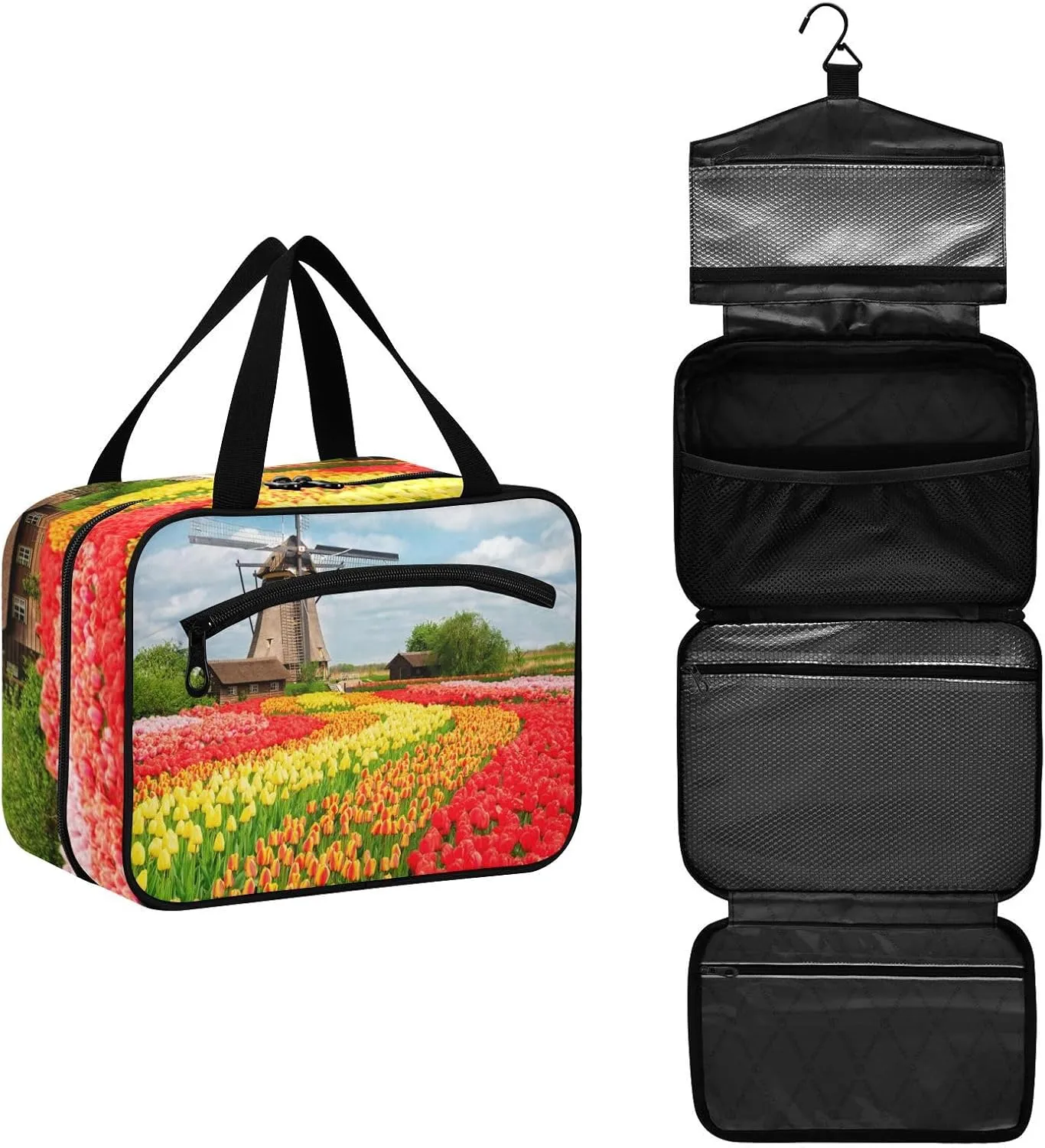 Toiletry Bag Travel Bag with Hanging Hook-Traditional Netherlands Holland Dutch Tulips，Water-resistant Makeup Cosmetic Bag for gym outdoor activities ，M