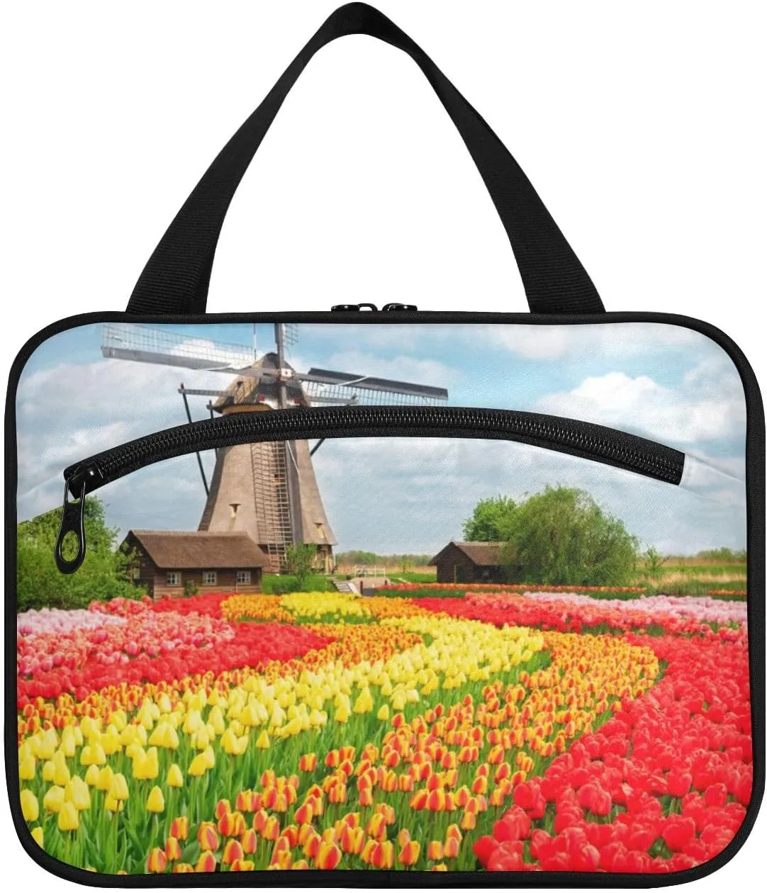 Toiletry Bag Travel Bag with Hanging Hook-Traditional Netherlands Holland Dutch Tulips，Water-resistant Makeup Cosmetic Bag for gym outdoor activities ，M