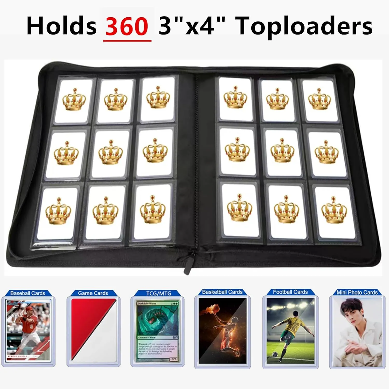 Toploader Binder,9-Pocket Double Sided Top Loader Binder,Holds 360 Cards in 3"x4" Toploaders,PU Leather Card Binder Abulm for Toploader Trading,Sports,and Gaming Cards (Blue)