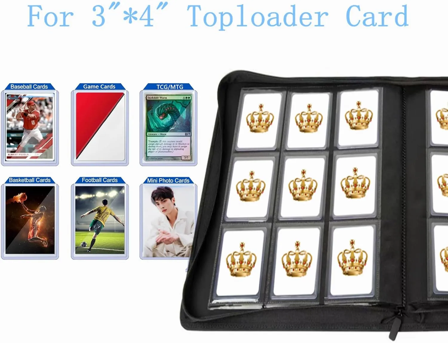 Toploader Binder,9-Pocket Double Sided Top Loader Binder,Holds 360 Cards in 3"x4" Toploaders,PU Leather Card Binder Abulm for Toploader Trading,Sports,and Gaming Cards (Blue)