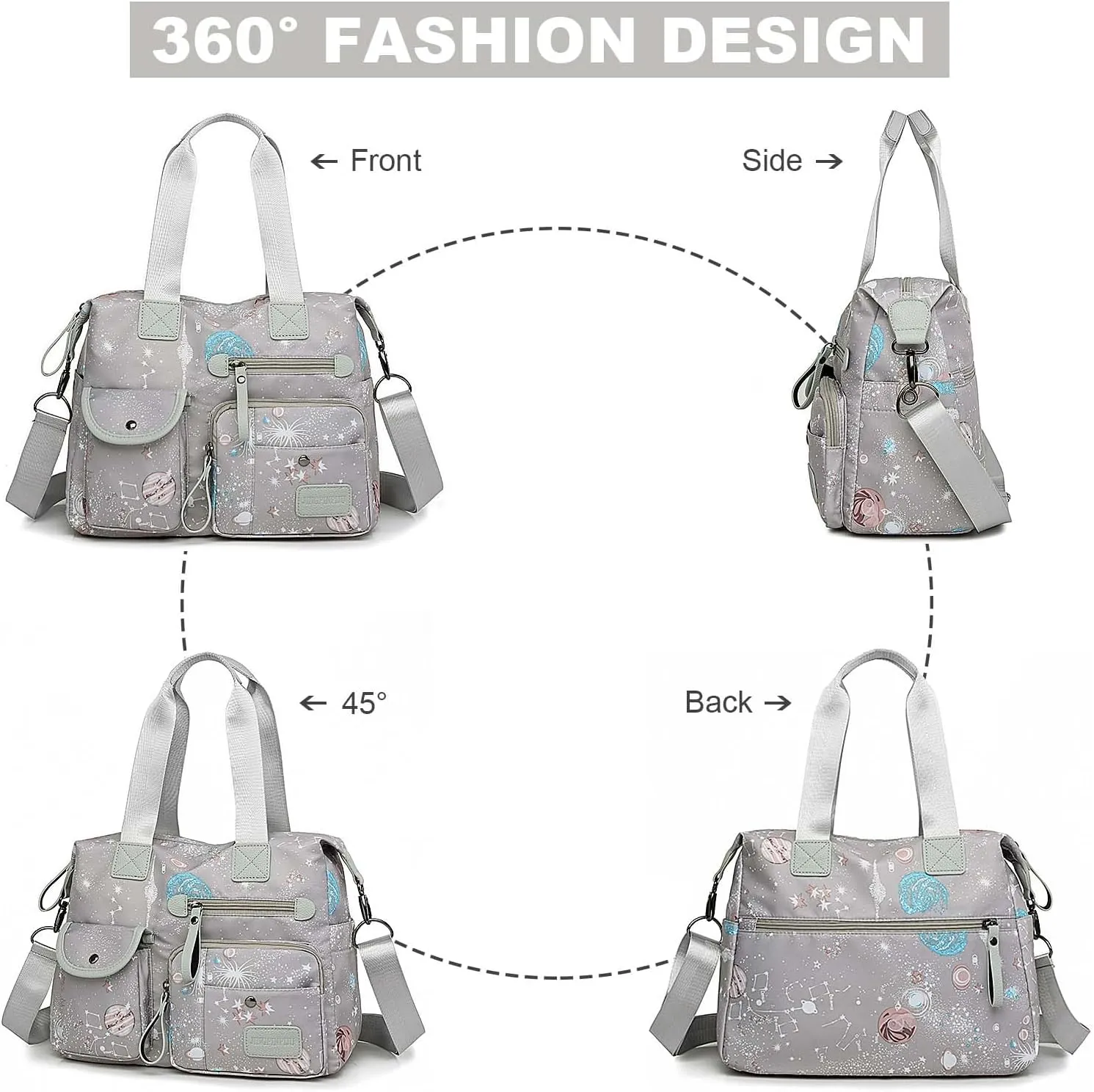 Tote Bag for Women,Multi Pockets Shoulder Handbag,Nurse Bag for Work,Large Cross body Purse,Fashion Nylon Top Handle Satchel