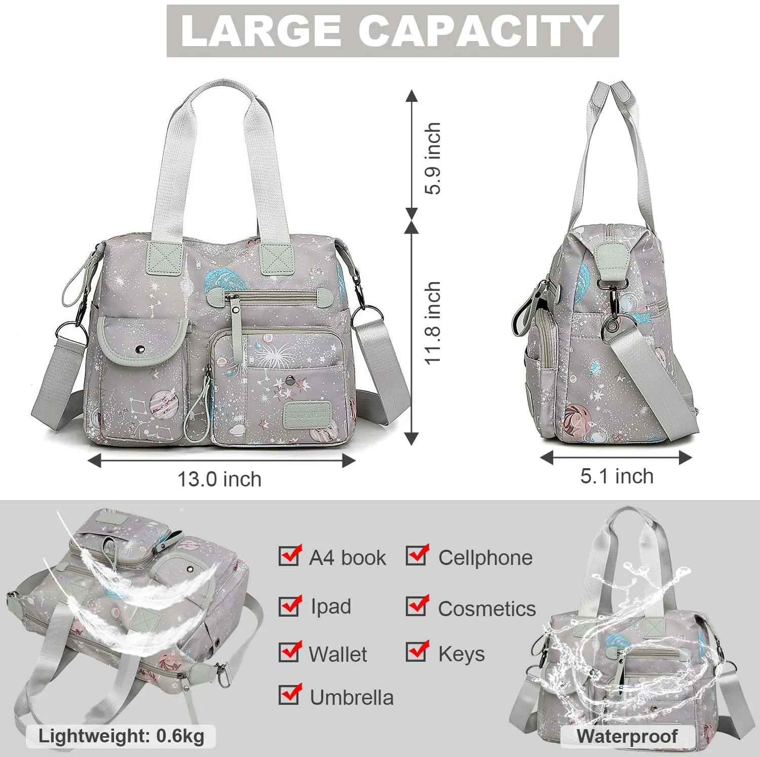 Tote Bag for Women,Multi Pockets Shoulder Handbag,Nurse Bag for Work,Large Cross body Purse,Fashion Nylon Top Handle Satchel