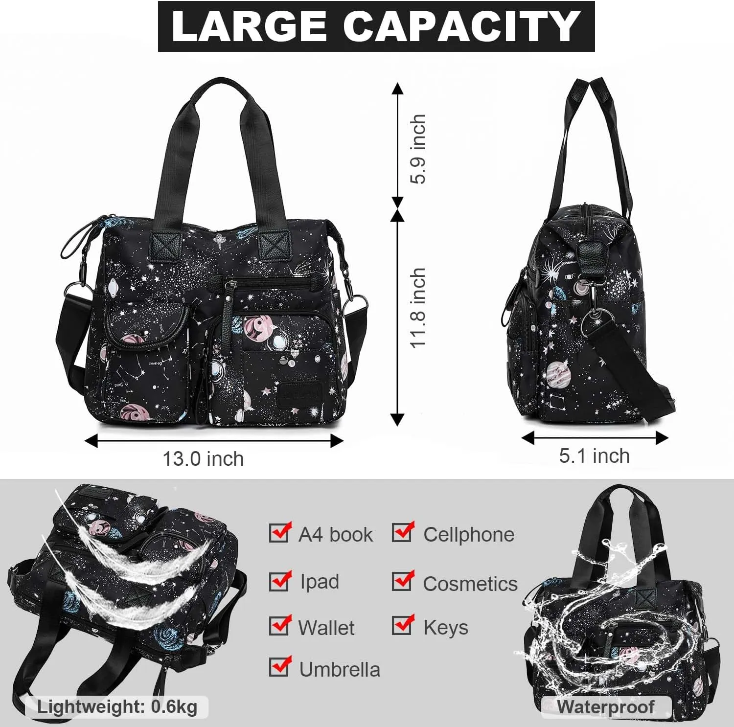 Tote Bag for Women,Multi Pockets Shoulder Handbag,Nurse Bag for Work,Large Cross body Purse,Fashion Nylon Top Handle Satchel