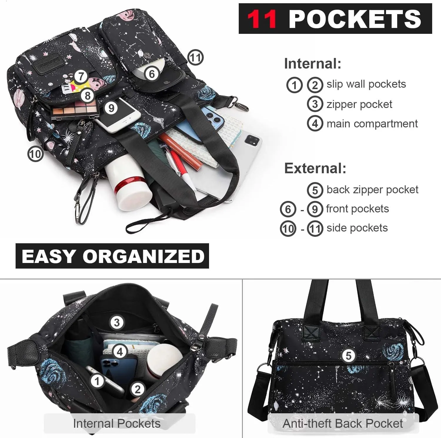 Tote Bag for Women,Multi Pockets Shoulder Handbag,Nurse Bag for Work,Large Cross body Purse,Fashion Nylon Top Handle Satchel