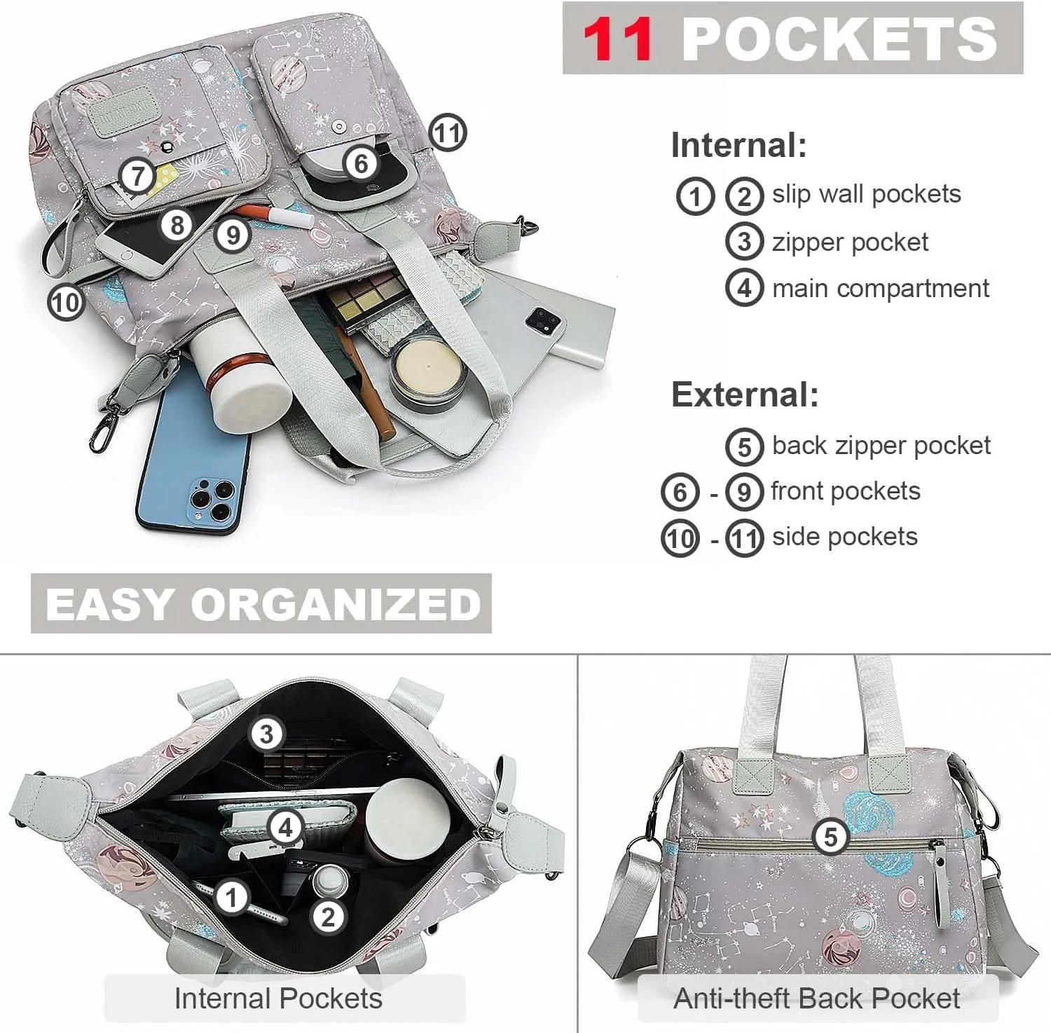 Tote Bag for Women,Multi Pockets Shoulder Handbag,Nurse Bag for Work,Large Cross body Purse,Fashion Nylon Top Handle Satchel