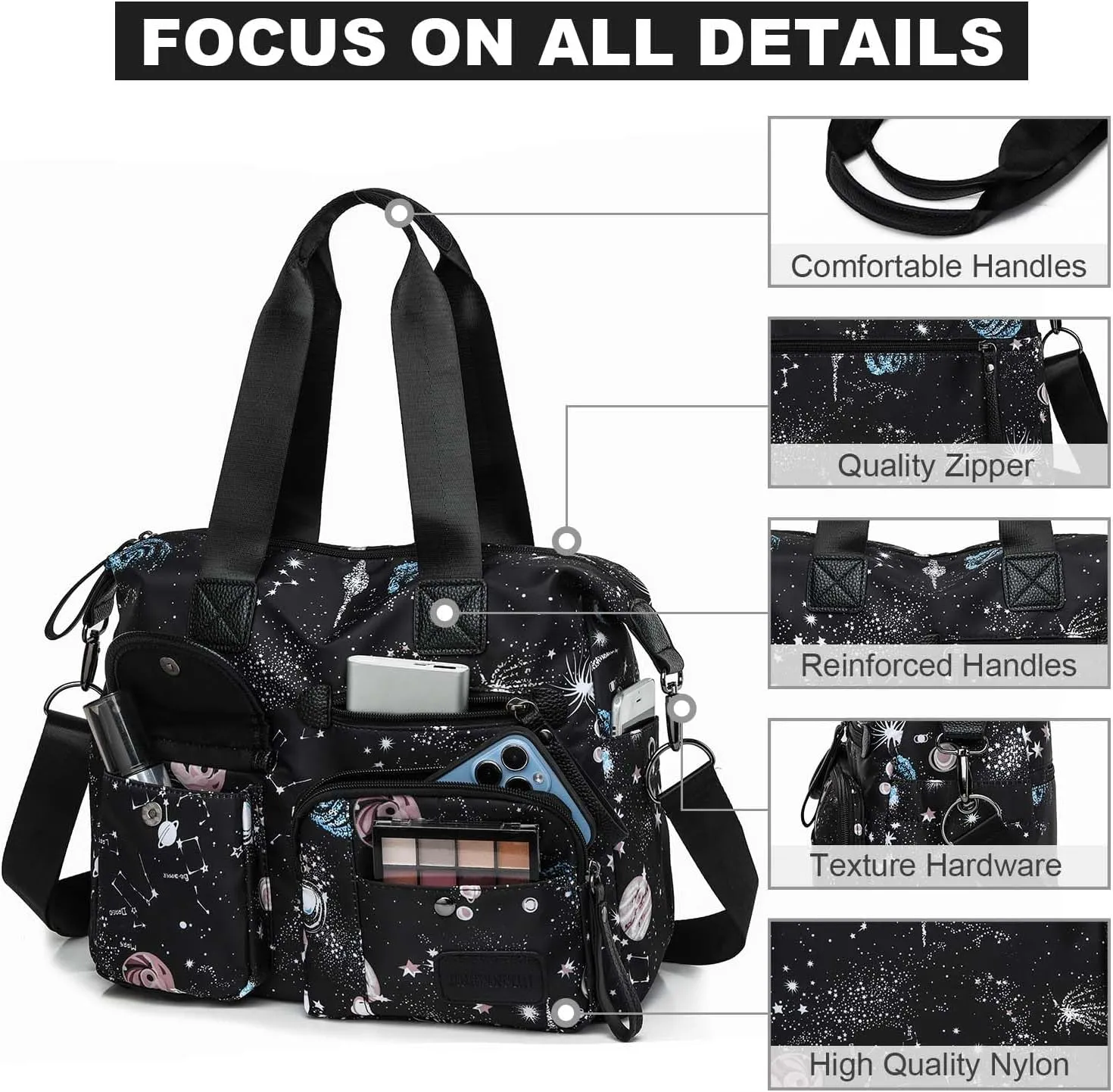 Tote Bag for Women,Multi Pockets Shoulder Handbag,Nurse Bag for Work,Large Cross body Purse,Fashion Nylon Top Handle Satchel