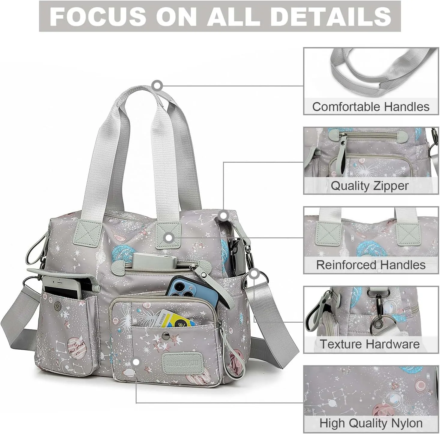 Tote Bag for Women,Multi Pockets Shoulder Handbag,Nurse Bag for Work,Large Cross body Purse,Fashion Nylon Top Handle Satchel