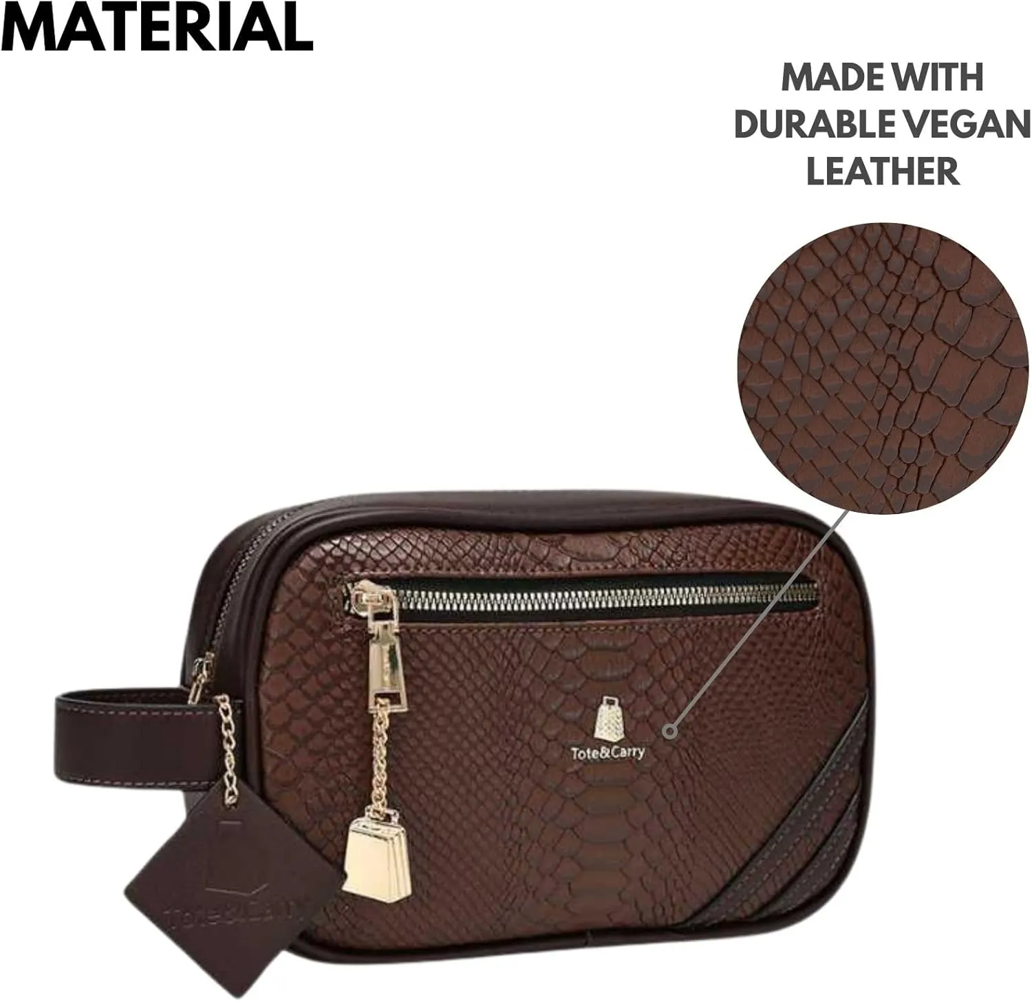 Tote&Carry Apollo 1 Faux Snakeskin Toiletry Bag for Women & Men, Personal Item Travel Pouch for Hygiene, Shaving, Makeup, Cosmetic & Medicine Organizer, Water-Resistant (Chocolate)
