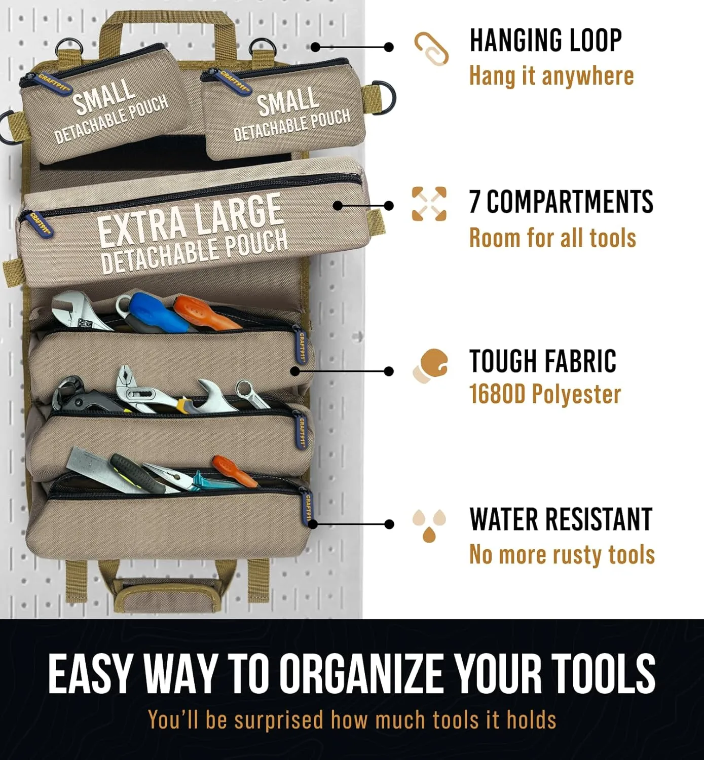 TOUGHEST Roll Up Tool Bag Organizer - 7 Pouches (3 Detachable) Compact Portable Tool Storage Box - 1680D Waterproof Small Tool Bag For Car - Tool Organizer Gifts For Dad Mechanic Electrician