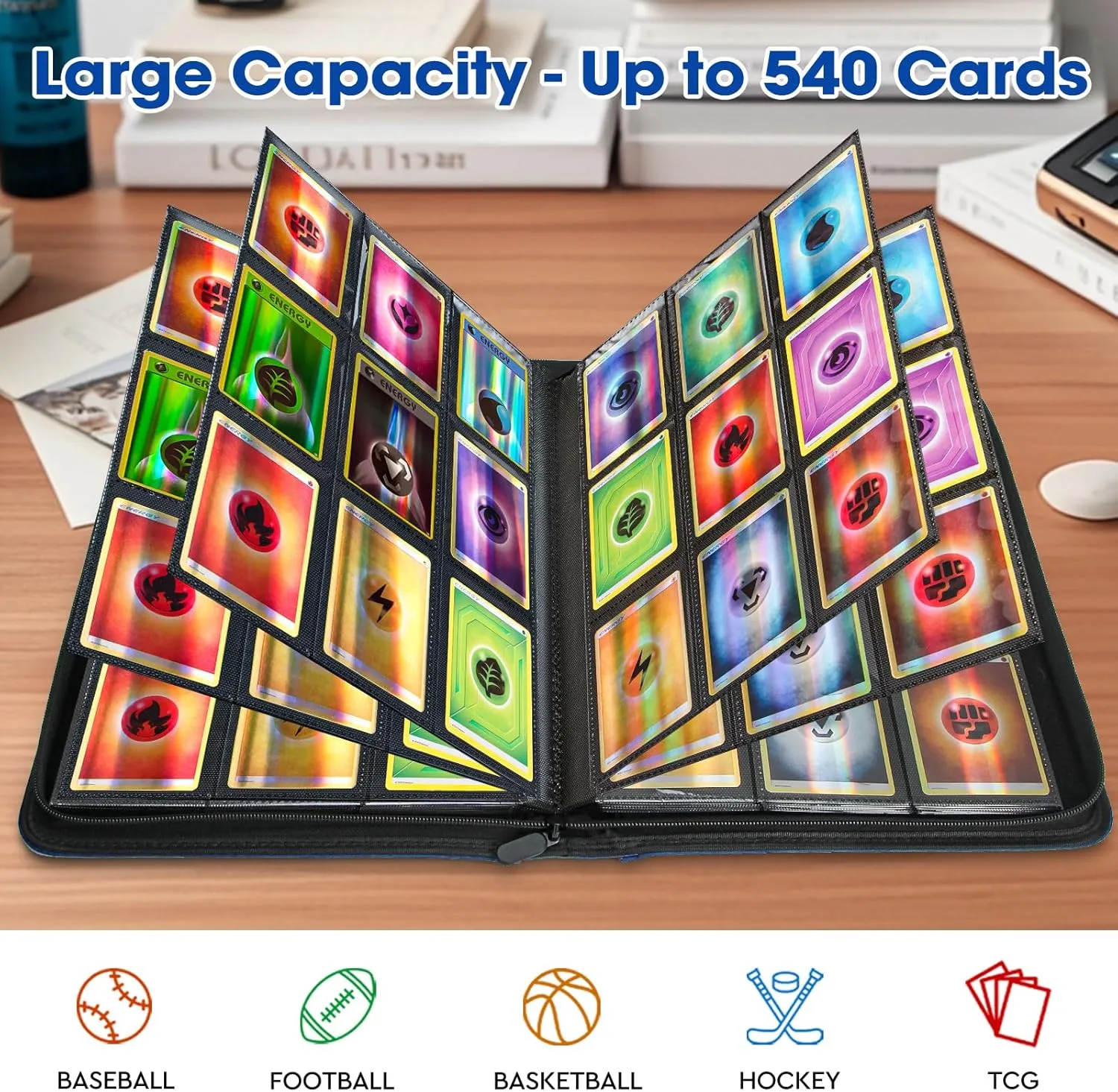 Trading Card Binder, 9 Pocket Card Album Folder Hold Up to 540 Cards, Premium and Durable Zipper Binder, Cards Holder Album for MTG, TCG, Baseball Cards, Football Cards (Sapphire Blue)