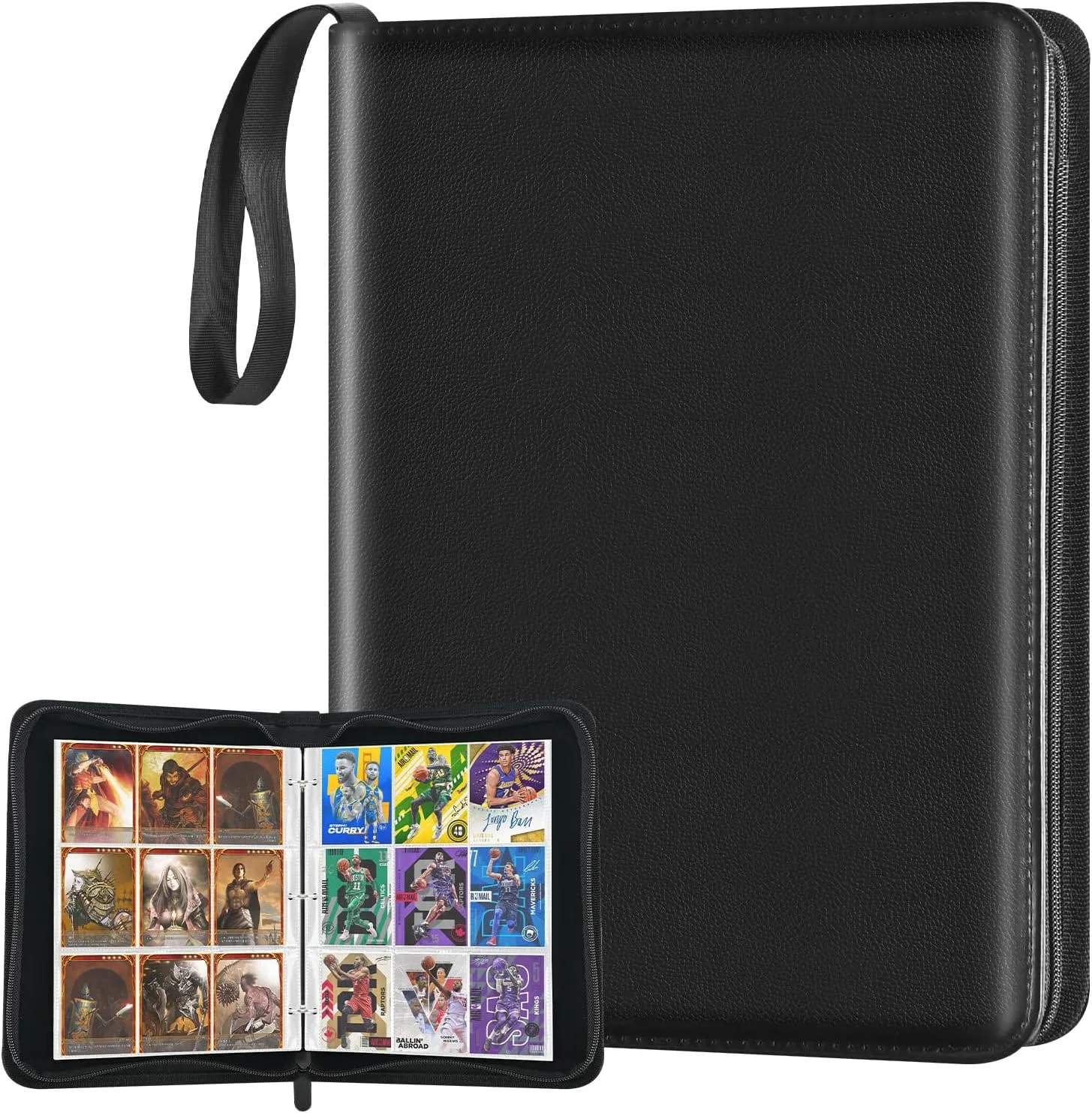 Trading Card Binder, 900 Pockets Card Sleeves with Zipper Card Display, Double Sided Pocket Sports Card Holder, Carry Case for Sports/Game Card(Black) (900 Pockets)