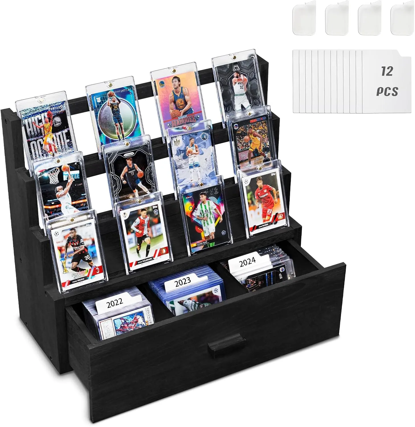 Trading Card Display, 3-Tier Trading Card Storage with Custom Drawer, Wood Graded Card Display with Card Supporters and Dividers, Sports Card Display Case for Card Game Collection (Black)