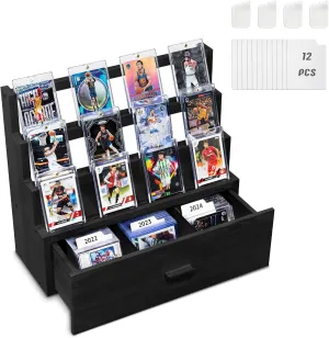 Trading Card Display, 3-Tier Trading Card Storage with Custom Drawer, Wood Graded Card Display with Card Supporters and Dividers, Sports Card Display Case for Card Game Collection (Black)