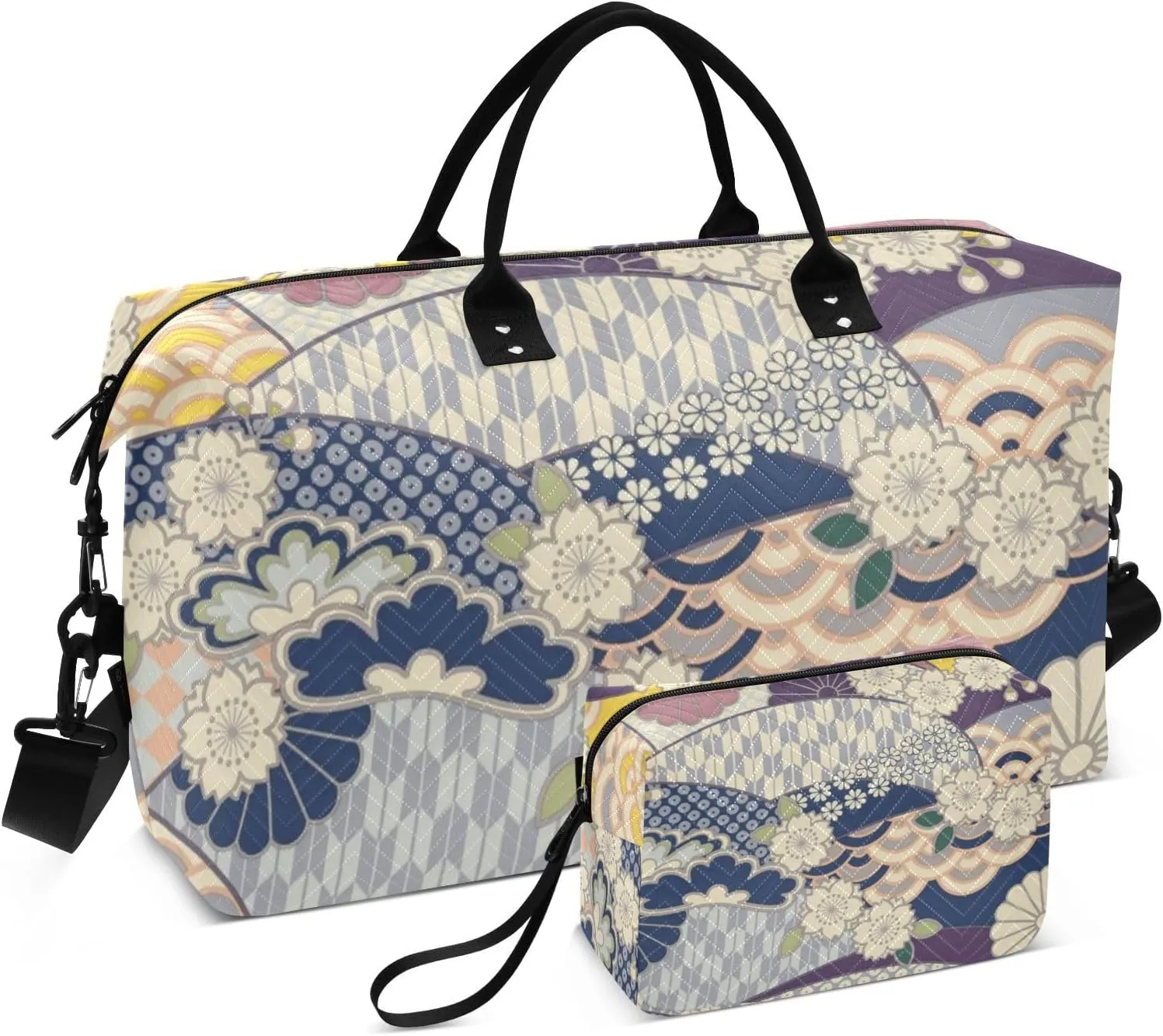 Traditional Blue Japanese Ukiyo-e Flower Oversized Travel Duffel Bag Overnight Weekender Bags Large Gym Bag with Toiletry Bag for Business Trips 2 Pcs Set