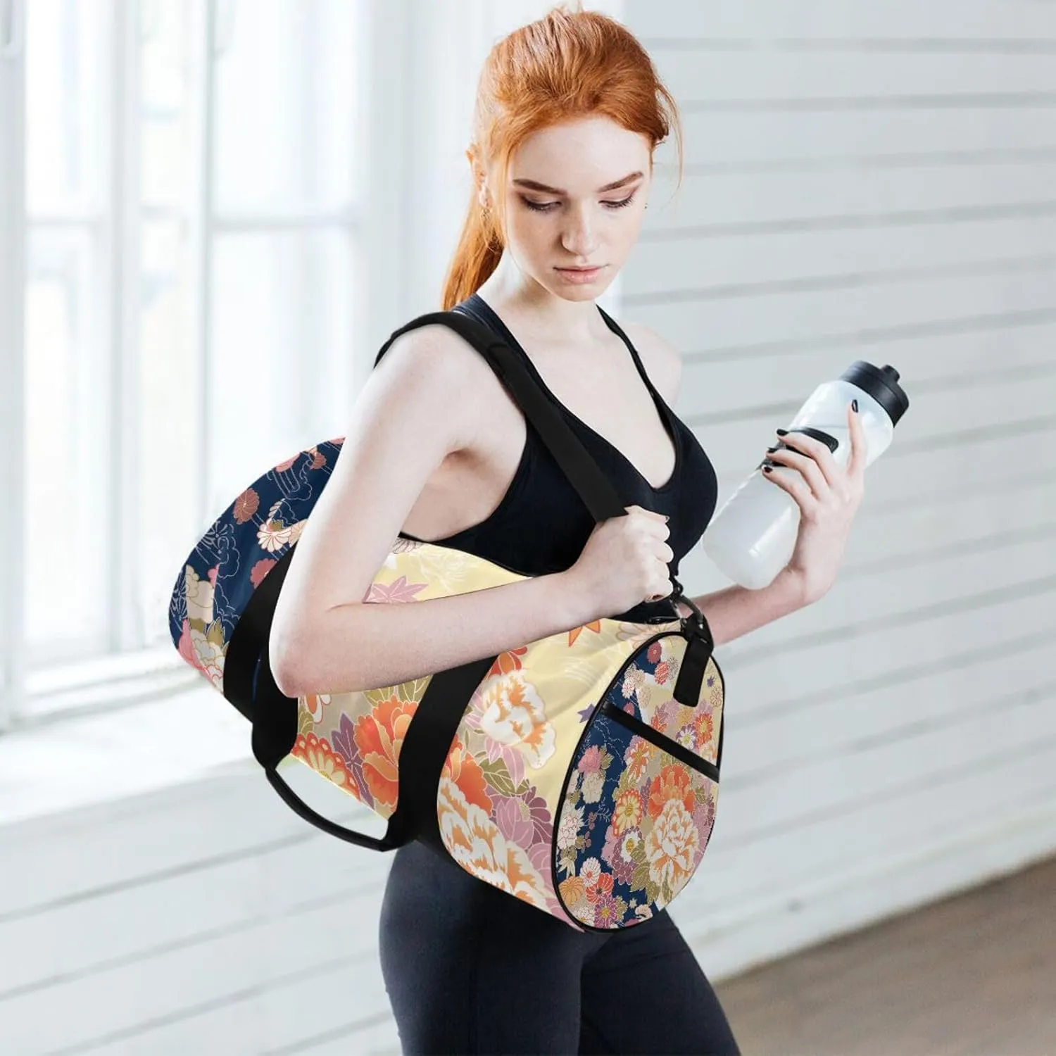 Traditional Kimono Pattern Asian Japanese Chinese Floral Flowers Portable Gym Bag, Travel Bag, Luggage bag, Sports Bag, Toiletry Bag with Handles, Detachable Shoulder Strap 17.6 x 9 x 9 inch