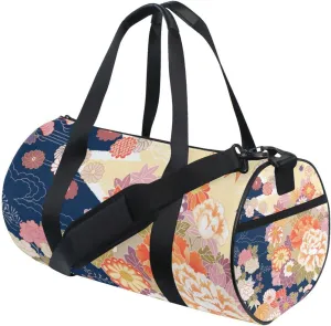 Traditional Kimono Pattern Asian Japanese Chinese Floral Flowers Portable Gym Bag, Travel Bag, Luggage bag, Sports Bag, Toiletry Bag with Handles, Detachable Shoulder Strap 17.6 x 9 x 9 inch