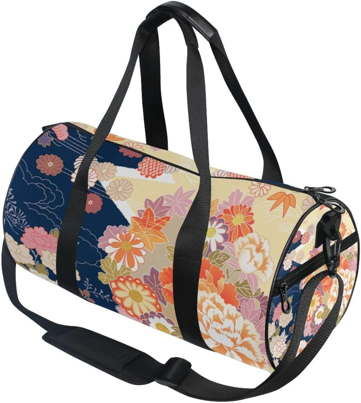 Traditional Kimono Pattern Asian Japanese Chinese Floral Flowers Portable Gym Bag, Travel Bag, Luggage bag, Sports Bag, Toiletry Bag with Handles, Detachable Shoulder Strap 17.6 x 9 x 9 inch