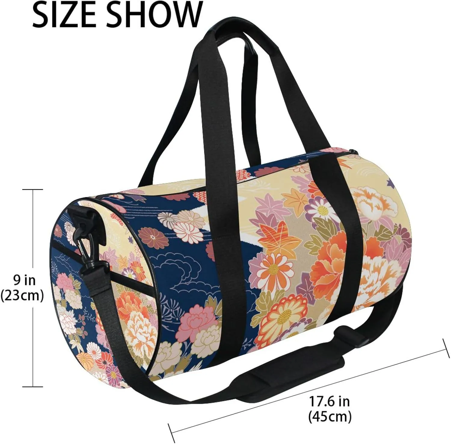 Traditional Kimono Pattern Asian Japanese Chinese Floral Flowers Portable Gym Bag, Travel Bag, Luggage bag, Sports Bag, Toiletry Bag with Handles, Detachable Shoulder Strap 17.6 x 9 x 9 inch