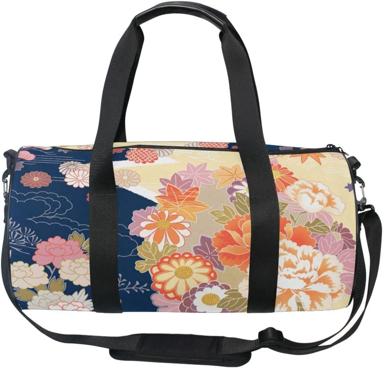 Traditional Kimono Pattern Asian Japanese Chinese Floral Flowers Portable Gym Bag, Travel Bag, Luggage bag, Sports Bag, Toiletry Bag with Handles, Detachable Shoulder Strap 17.6 x 9 x 9 inch