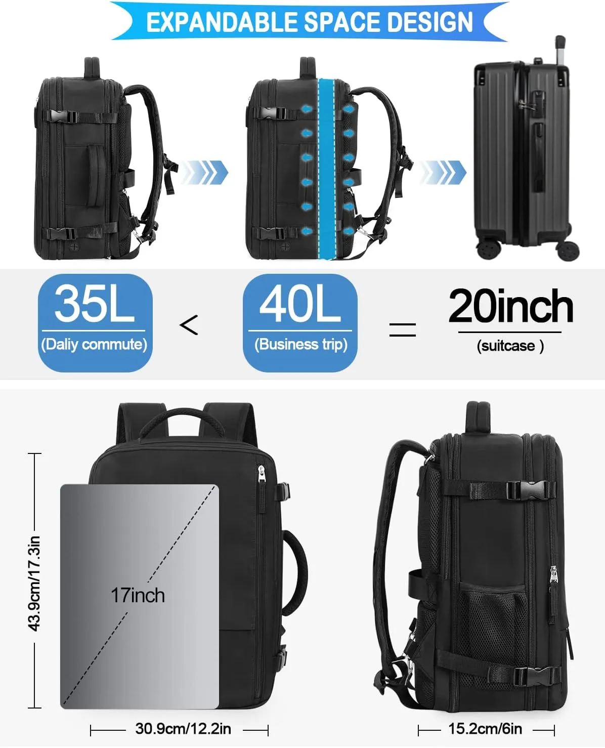 Travel Backpack For Women Men Airline Approved, Carry On Backpack, 17 inch Laptop Backpack, Waterproof Casual Outdoor Luggage Weedender Bag, Hiking Backpack(Black)