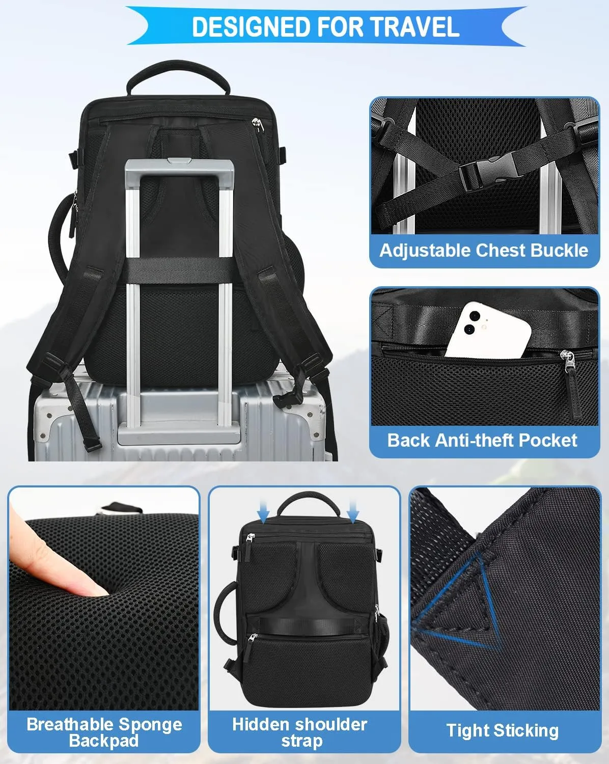 Travel Backpack For Women Men Airline Approved, Carry On Backpack, 17 inch Laptop Backpack, Waterproof Casual Outdoor Luggage Weedender Bag, Hiking Backpack(Black)