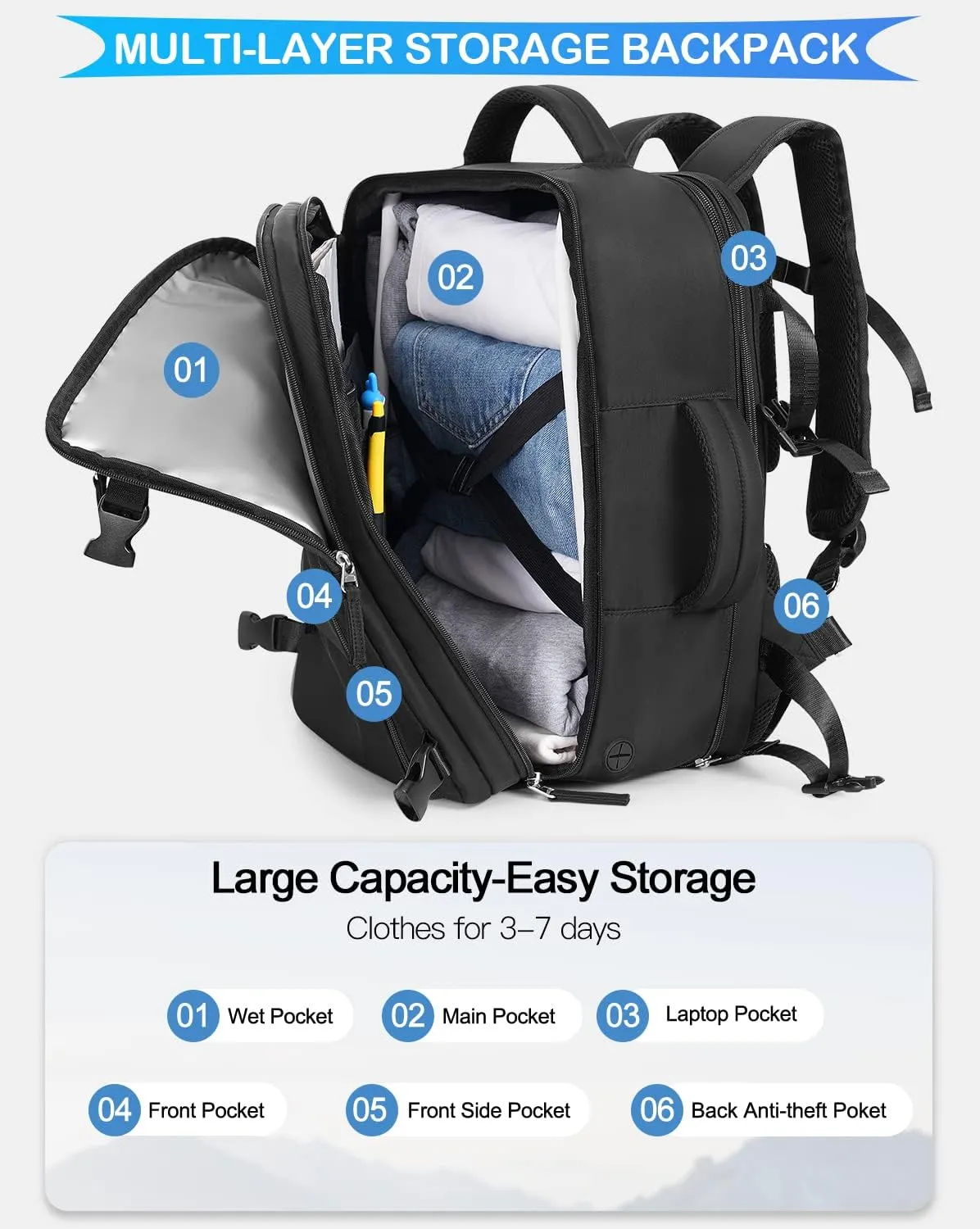Travel Backpack For Women Men Airline Approved, Carry On Backpack, 17 inch Laptop Backpack, Waterproof Casual Outdoor Luggage Weedender Bag, Hiking Backpack(Black)
