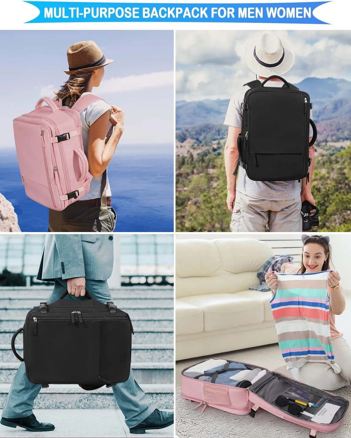Travel Backpack For Women Men Airline Approved, Carry On Backpack, 17 inch Laptop Backpack, Waterproof Casual Outdoor Luggage Weedender Bag, Hiking Backpack(Black)