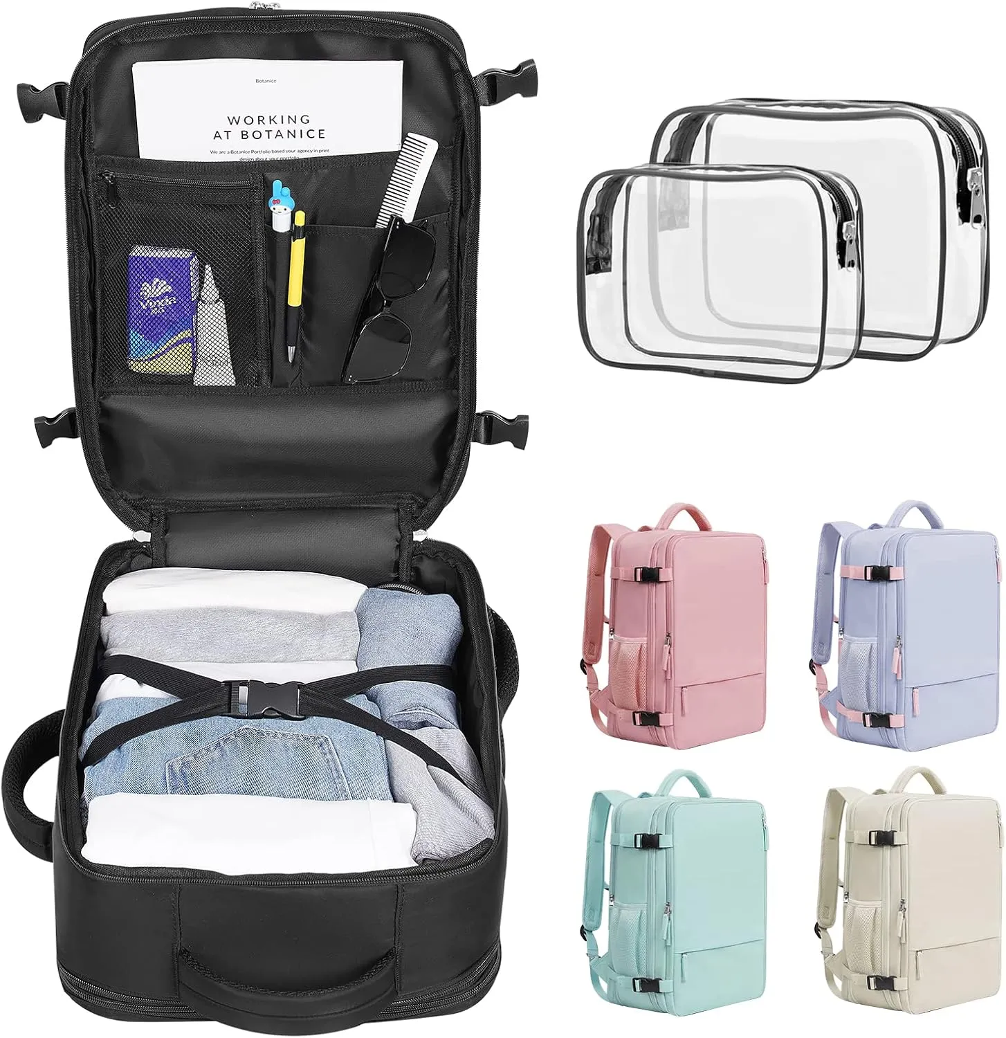 Travel Backpack For Women Men Airline Approved, Carry On Backpack, 17 inch Laptop Backpack, Waterproof Casual Outdoor Luggage Weedender Bag, Hiking Backpack(Black)