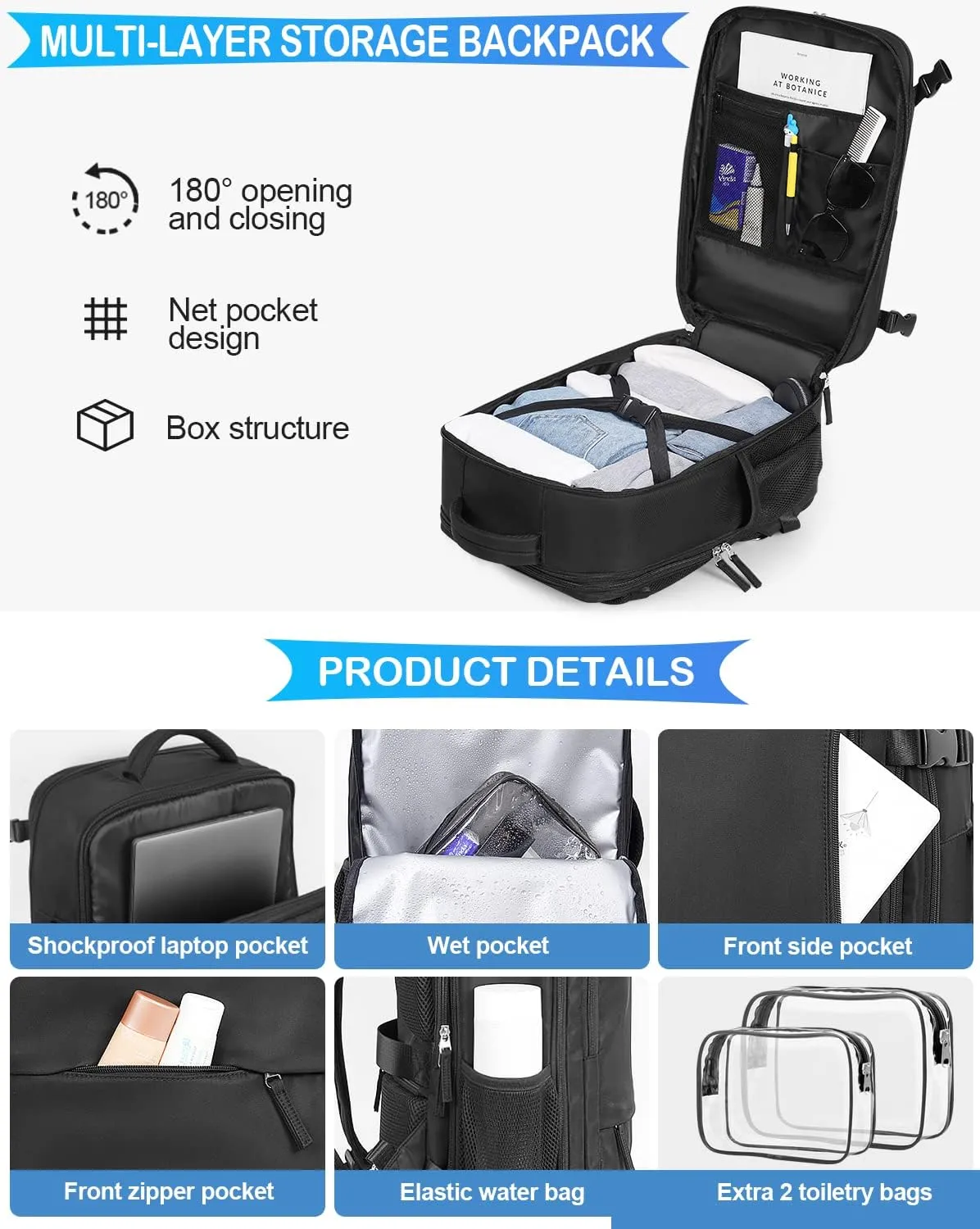 Travel Backpack For Women Men Airline Approved, Carry On Backpack, 17 inch Laptop Backpack, Waterproof Casual Outdoor Luggage Weedender Bag, Hiking Backpack(Black)