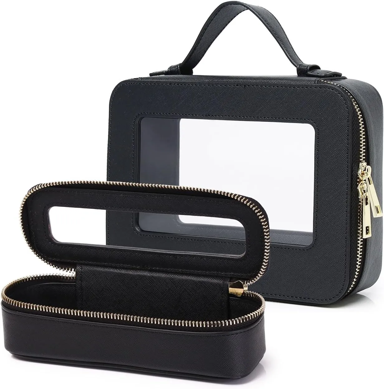 Travel Clear Makeup Bag with Brush Bag Portable Cosmetic Bag Case Transparent Toiletry Bag Cosmetic Organizer Storage Bag for Women (Black, L SLIM)