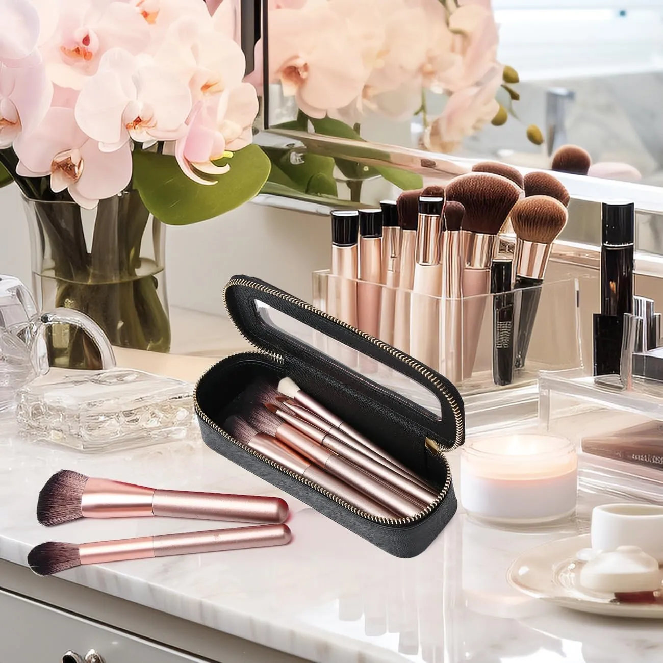 Travel Clear Makeup Bag with Brush Bag Portable Cosmetic Bag Case Transparent Toiletry Bag Cosmetic Organizer Storage Bag for Women (Black, L SLIM)