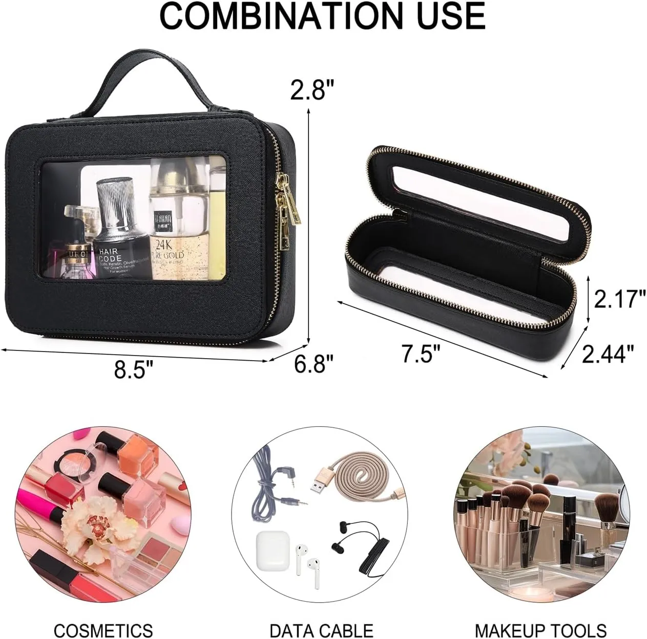 Travel Clear Makeup Bag with Brush Bag Portable Cosmetic Bag Case Transparent Toiletry Bag Cosmetic Organizer Storage Bag for Women (Black, L SLIM)