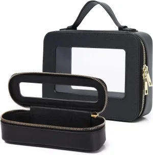 Travel Clear Makeup Bag with Brush Bag Portable Cosmetic Bag Case Transparent Toiletry Bag Cosmetic Organizer Storage Bag for Women (Black, L SLIM)