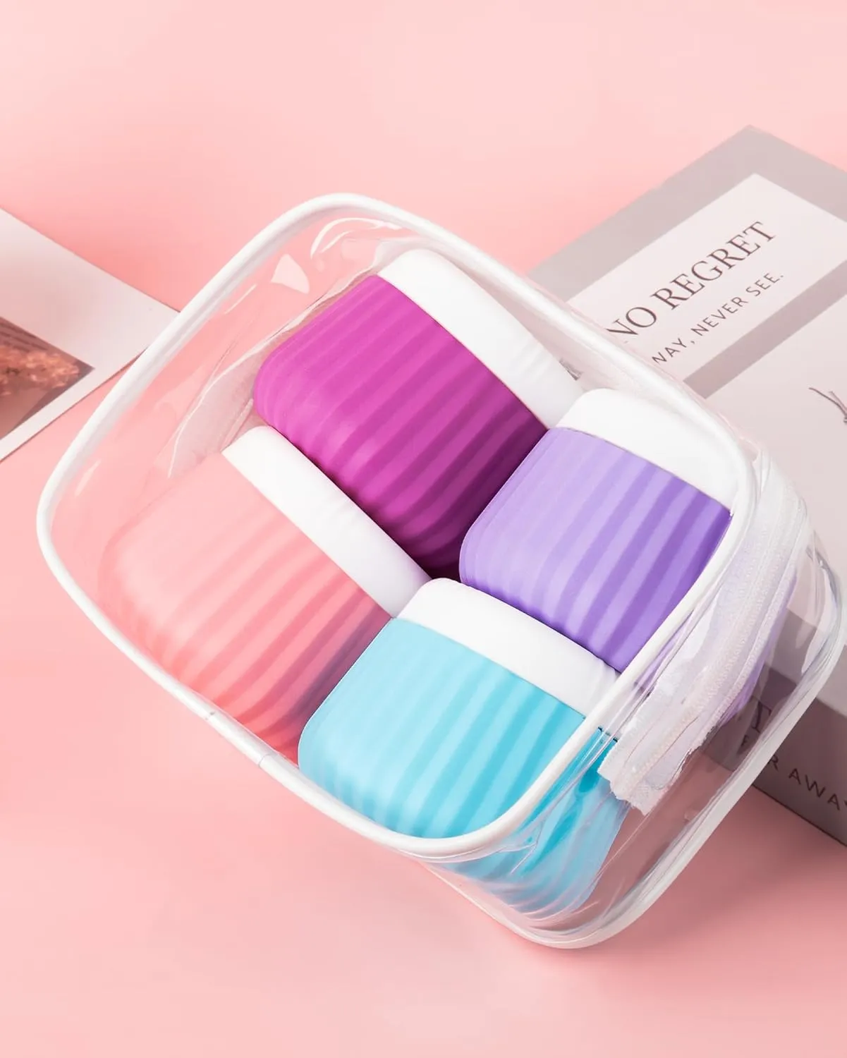 Travel Containers for Toiletries 4 Pack, TSA Approved Travel Size Toiletries, Travel Size Containers, With Clear Bag Leak Proof Silicone Jars, Travel Essentials Creams Jars Carrying Small Items