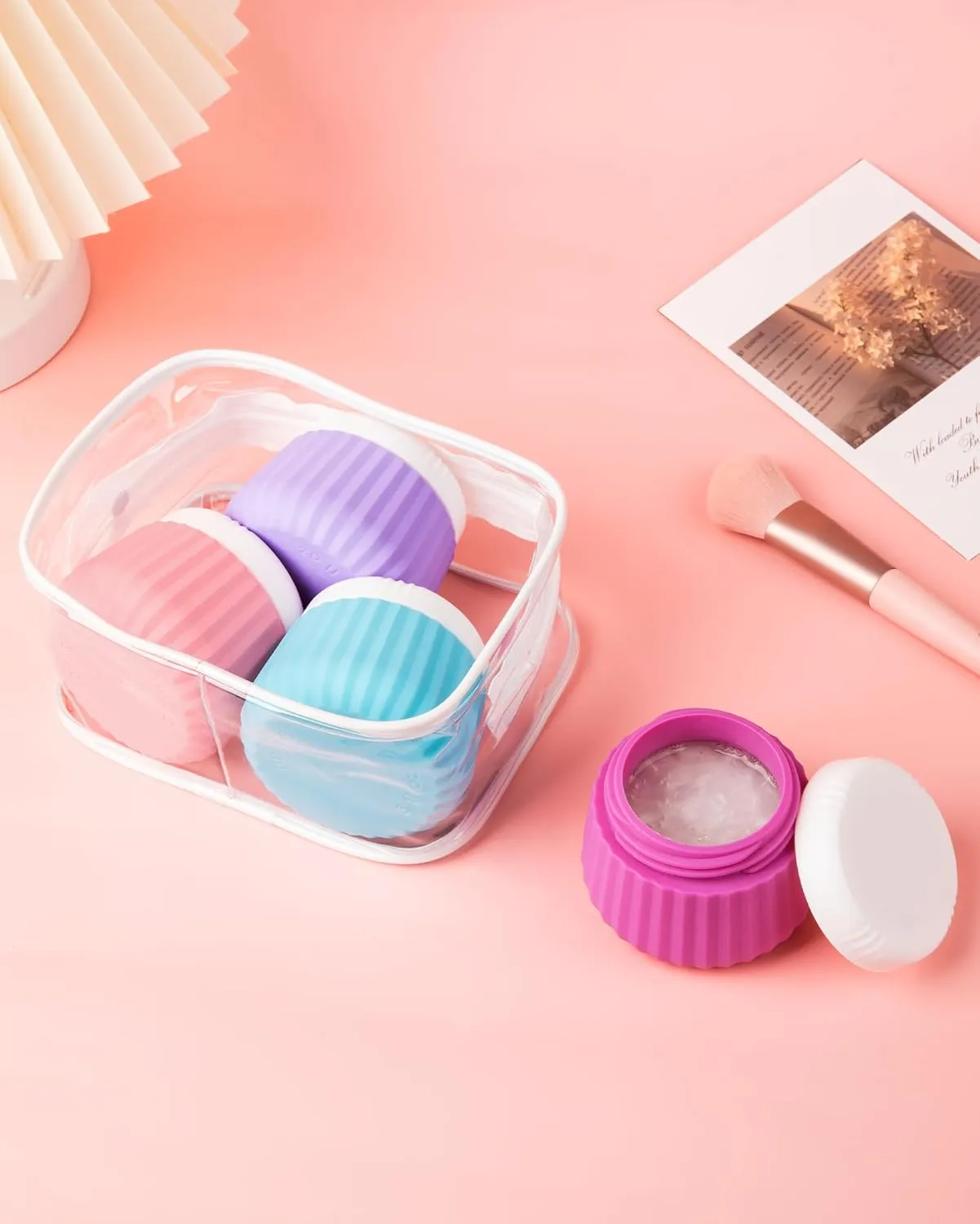 Travel Containers for Toiletries 4 Pack, TSA Approved Travel Size Toiletries, Travel Size Containers, With Clear Bag Leak Proof Silicone Jars, Travel Essentials Creams Jars Carrying Small Items