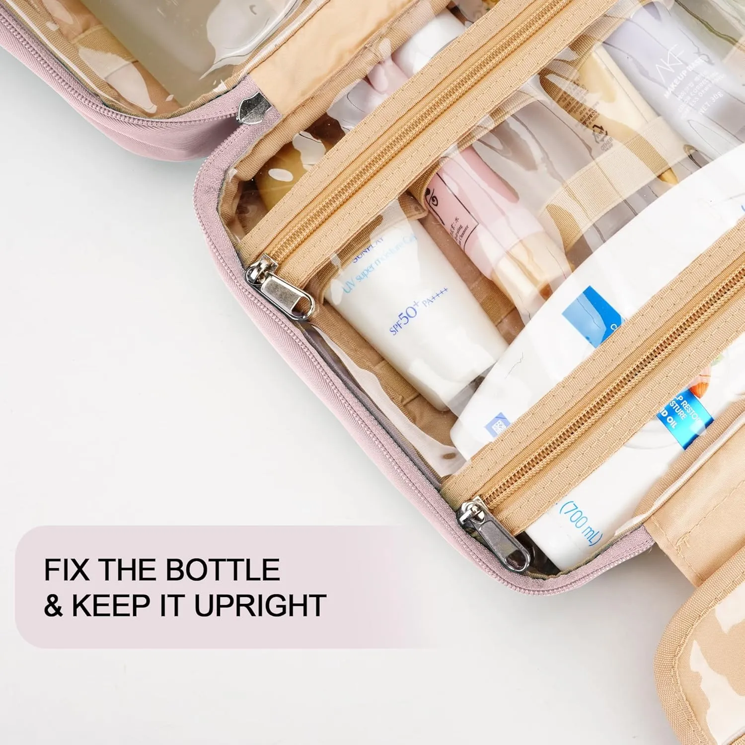 Travel Hanging Toiletry Bag for Women and Men, with 8 Leak Proofing Silicone Bottle Covers, Waterproof Makeup Accessories, Cosmetic Essentials, Toiletries Dopp Kit Set with Jewelry Organizer, Pink