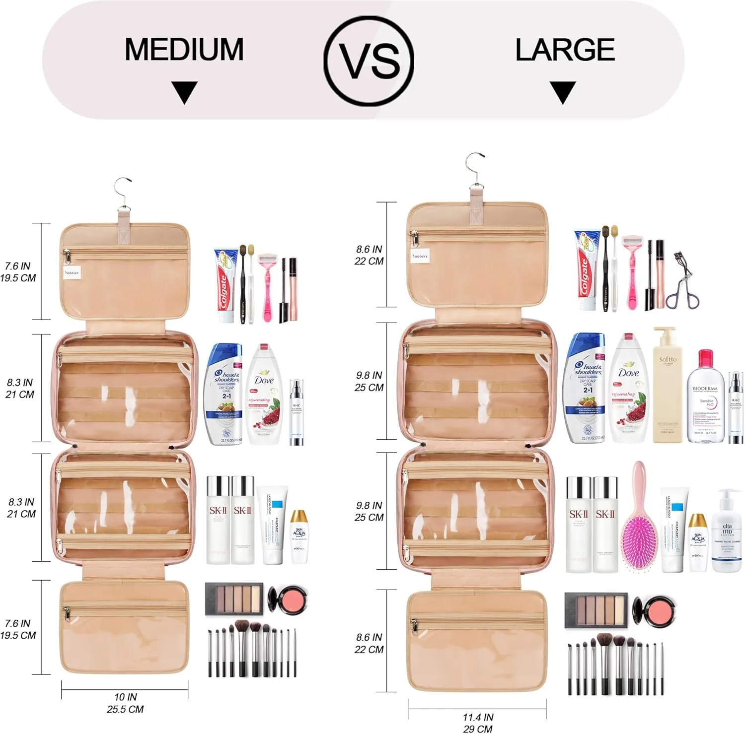 Travel Hanging Toiletry Bag for Women, with Jewelry Organizer Compartment, Medium Waterproof Hanging Makeup Accessories, Cosmetic Essentials, Toiletries Dopp Kit Set with Trolley Belt, Baby Pink