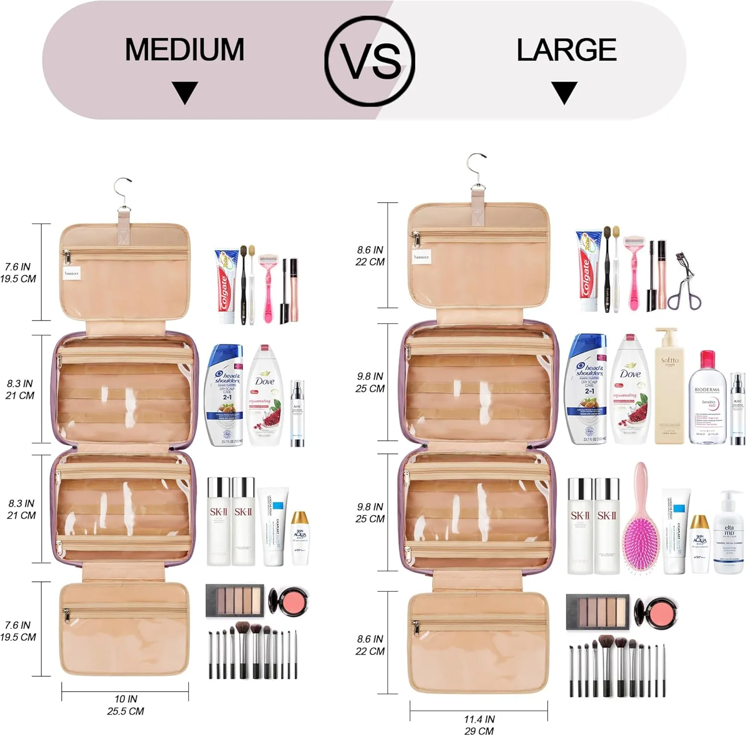 Travel Hanging Toiletry Bag for Women, with Jewelry Organizer Compartment, Medium Waterproof Hanging Makeup Accessories, Cosmetic Essentials, Toiletries Dopp Kit Set with Trolley Belt, Dark Purple