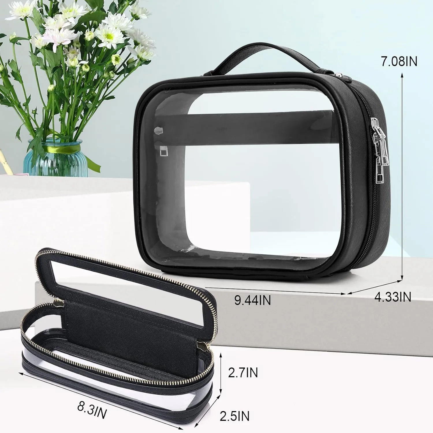 Travel Makeup Bag Set Portable Clear Cosmetic & Toiletry Case Women's Purse Organizer and Car Essentials with Zipper (X/Black, M SLIM)