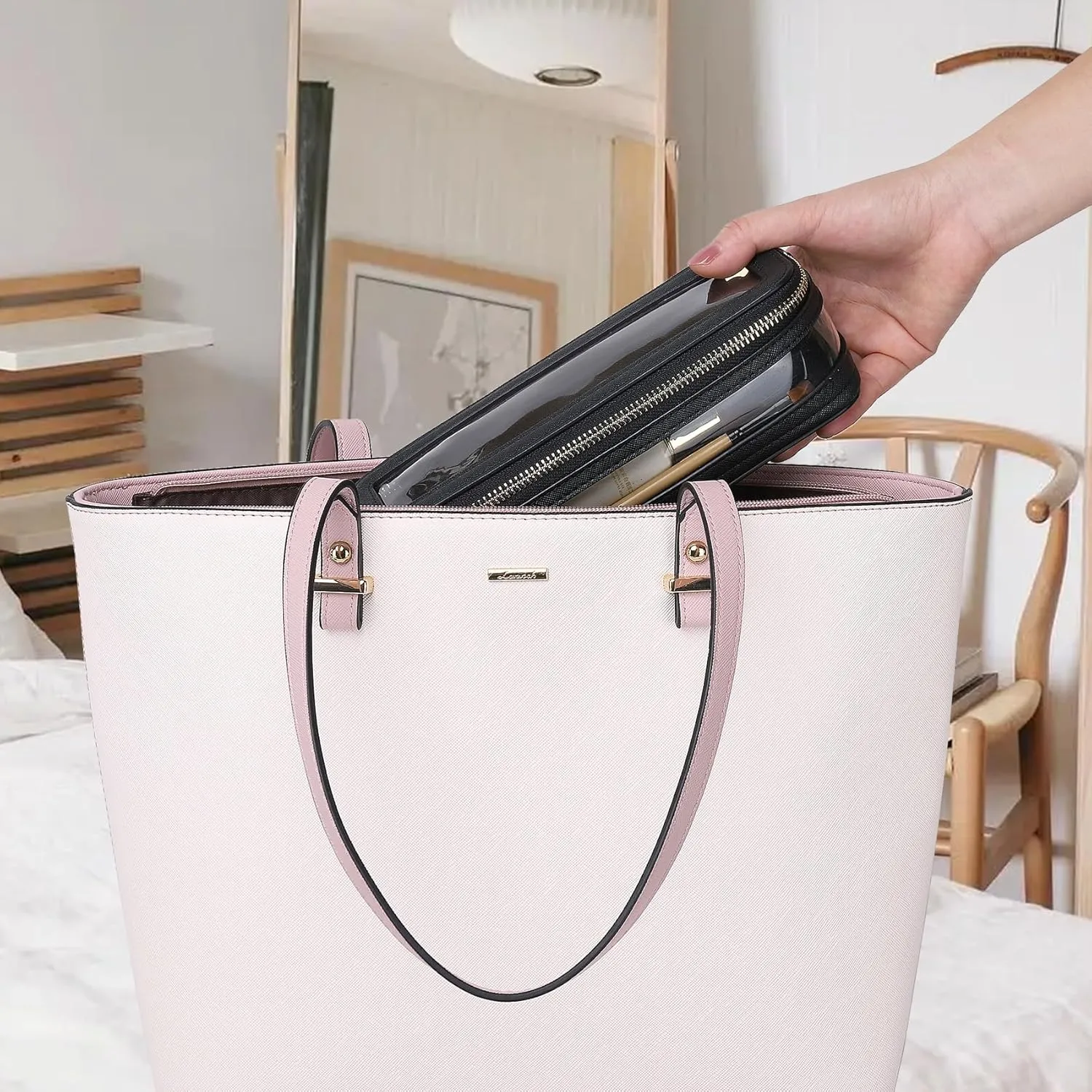 Travel Makeup Bag Set Portable Clear Cosmetic & Toiletry Case Women's Purse Organizer and Car Essentials with Zipper (X/Black, M SLIM)
