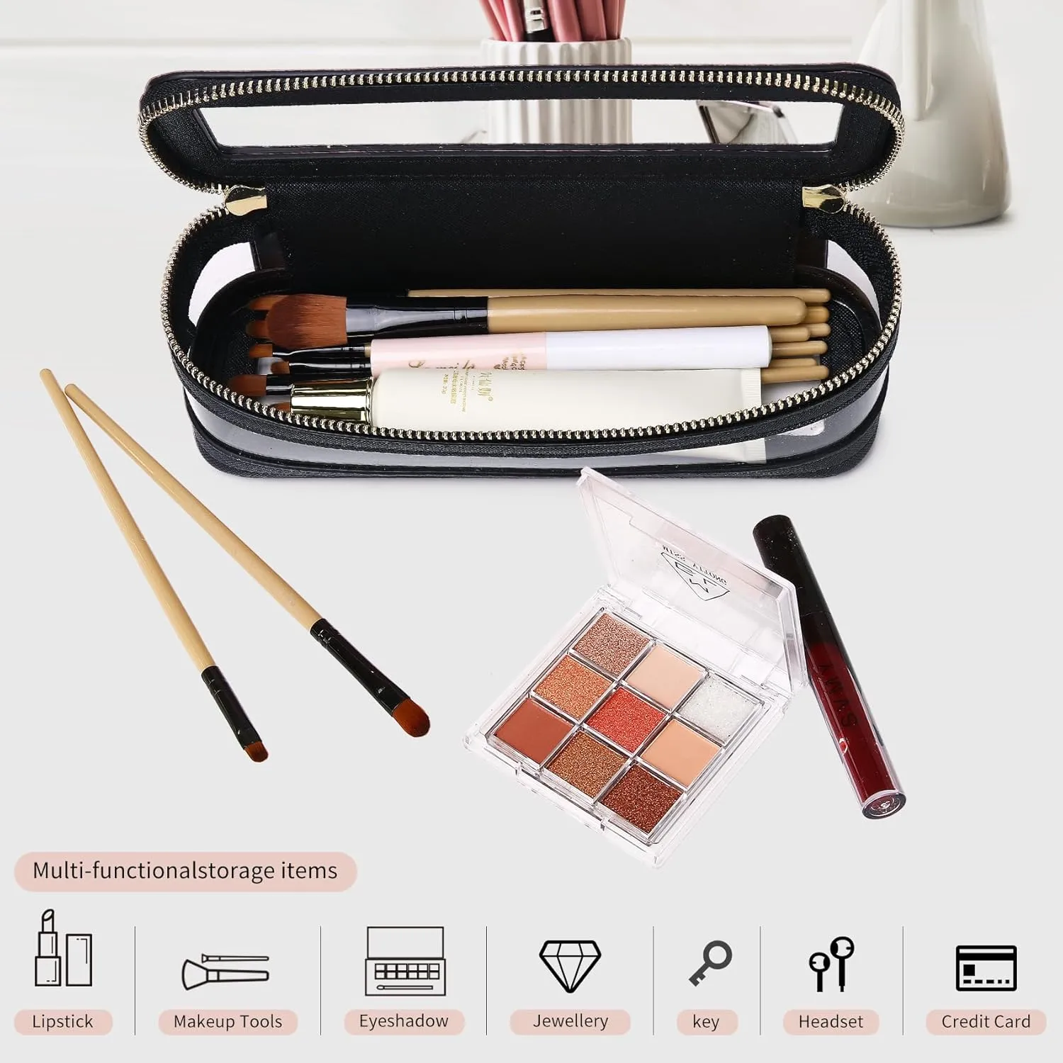 Travel Makeup Bag Set Portable Clear Cosmetic & Toiletry Case Women's Purse Organizer and Car Essentials with Zipper (X/Black, M SLIM)