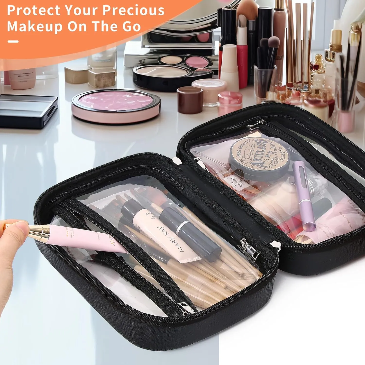 Travel Makeup Bag Set Portable Clear Cosmetic & Toiletry Case Women's Purse Organizer and Car Essentials with Zipper (X/Black, M SLIM)