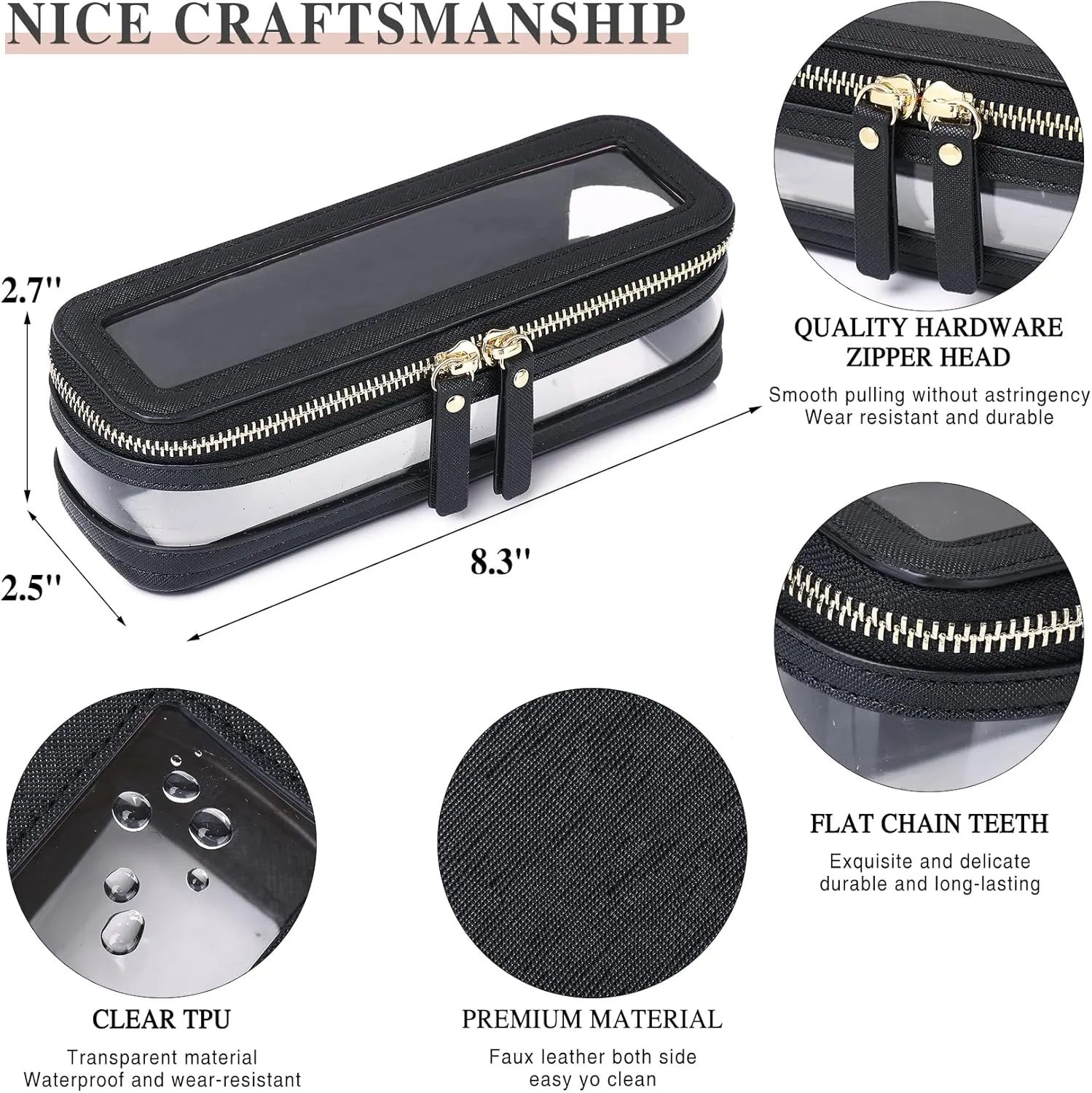 Travel Makeup Bag Set Portable Clear Cosmetic & Toiletry Case Women's Purse Organizer and Car Essentials with Zipper (X/Black, M SLIM)
