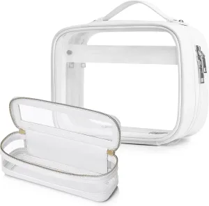 Travel Makeup Bag Set Portable Clear Cosmetic & Toiletry Case Women's Purse Organizer and Car Essentials with Zipper (X/White, M SLIM)